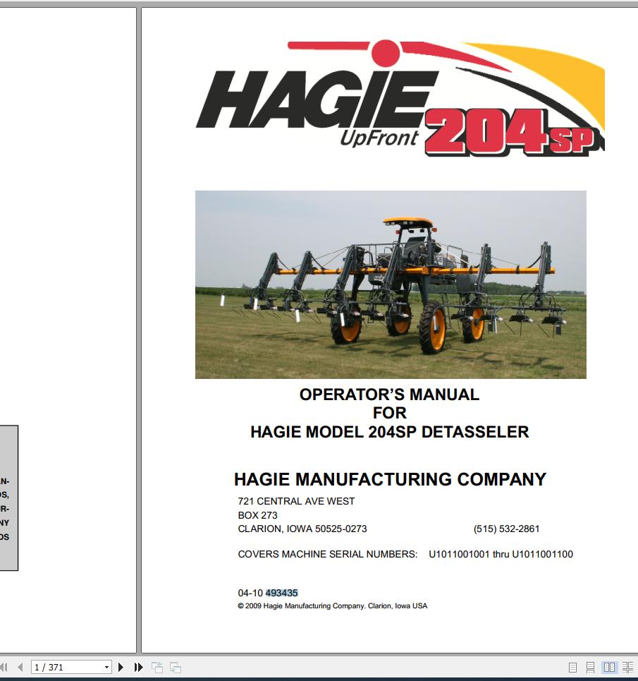 Hagie Hi Tractor 204SP U1011121001 through U1011121300 Operator Manual 493435 2010 1