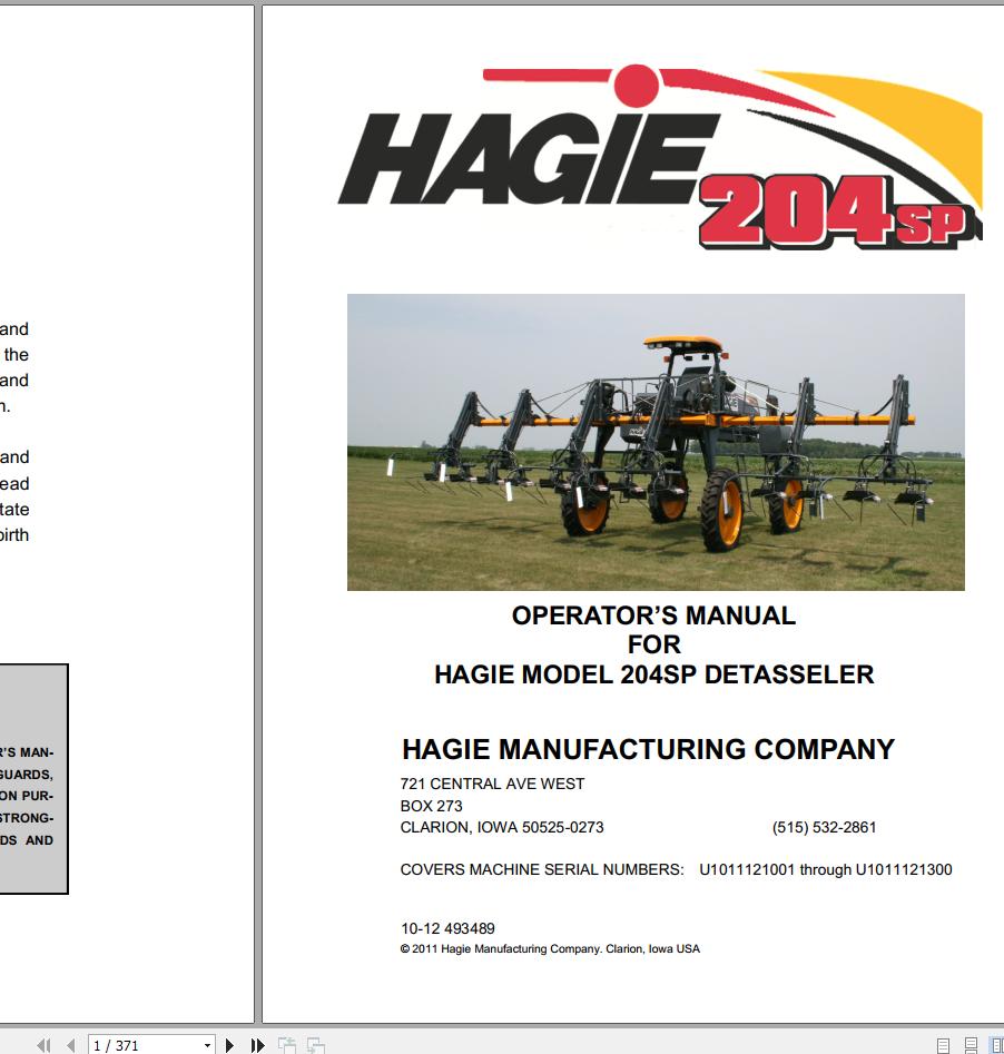 Hagie Hi Tractor 204SP U1011121001 through U1011121300 Operator Manual 493489 2012 1