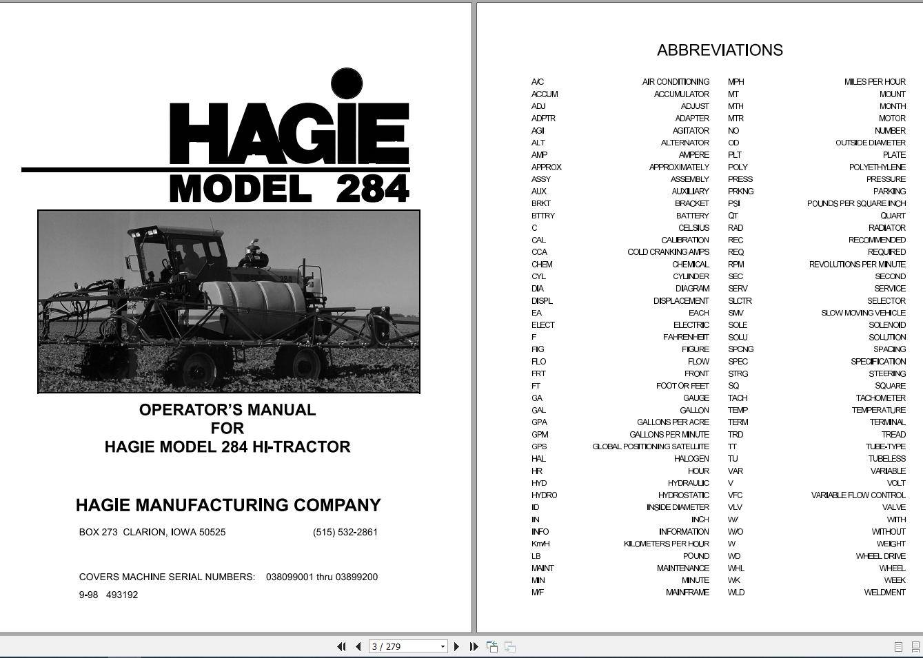 Hagie Hi Tractor 284 038099001 thru 03899200 Operator Manual 493192 1998 1