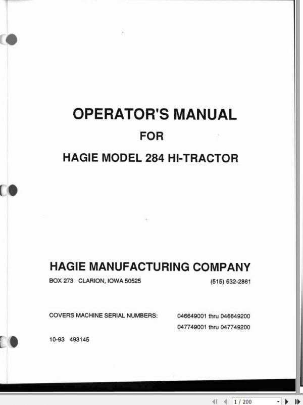 Hagie Hi Tractor 284 046649001 thru 046649200 Operator Manual 493145 1993 1