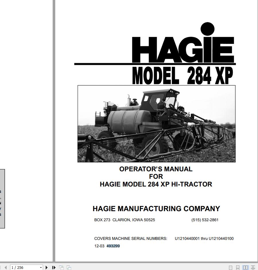 Hagie Hi Tractor 284 XP U1210440001 thru U1210440100 Operator Manual 493299 2003 1