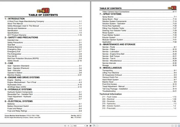 Hagie Hi Tractor DTS 10 17001 17500 Technical Manual 493713 2016 1