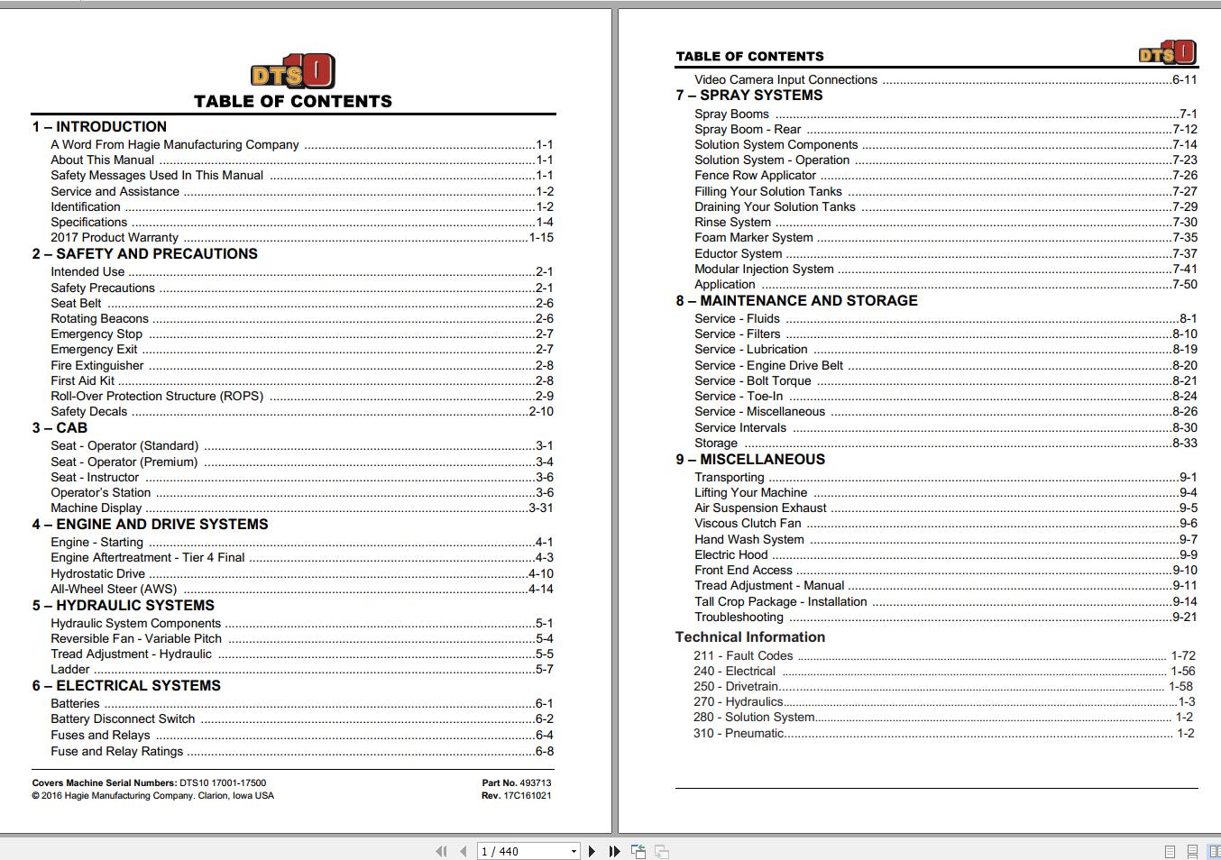 Hagie Hi Tractor DTS 10 17001 17500 Technical Manual 493713 2016 1