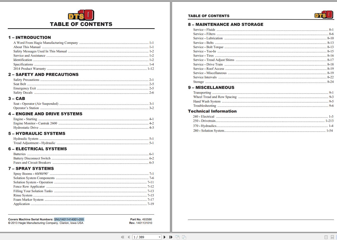 Hagie Hi Tractor DTS 10 SNU14011414001 200 Technical Manual 493586 2013 1