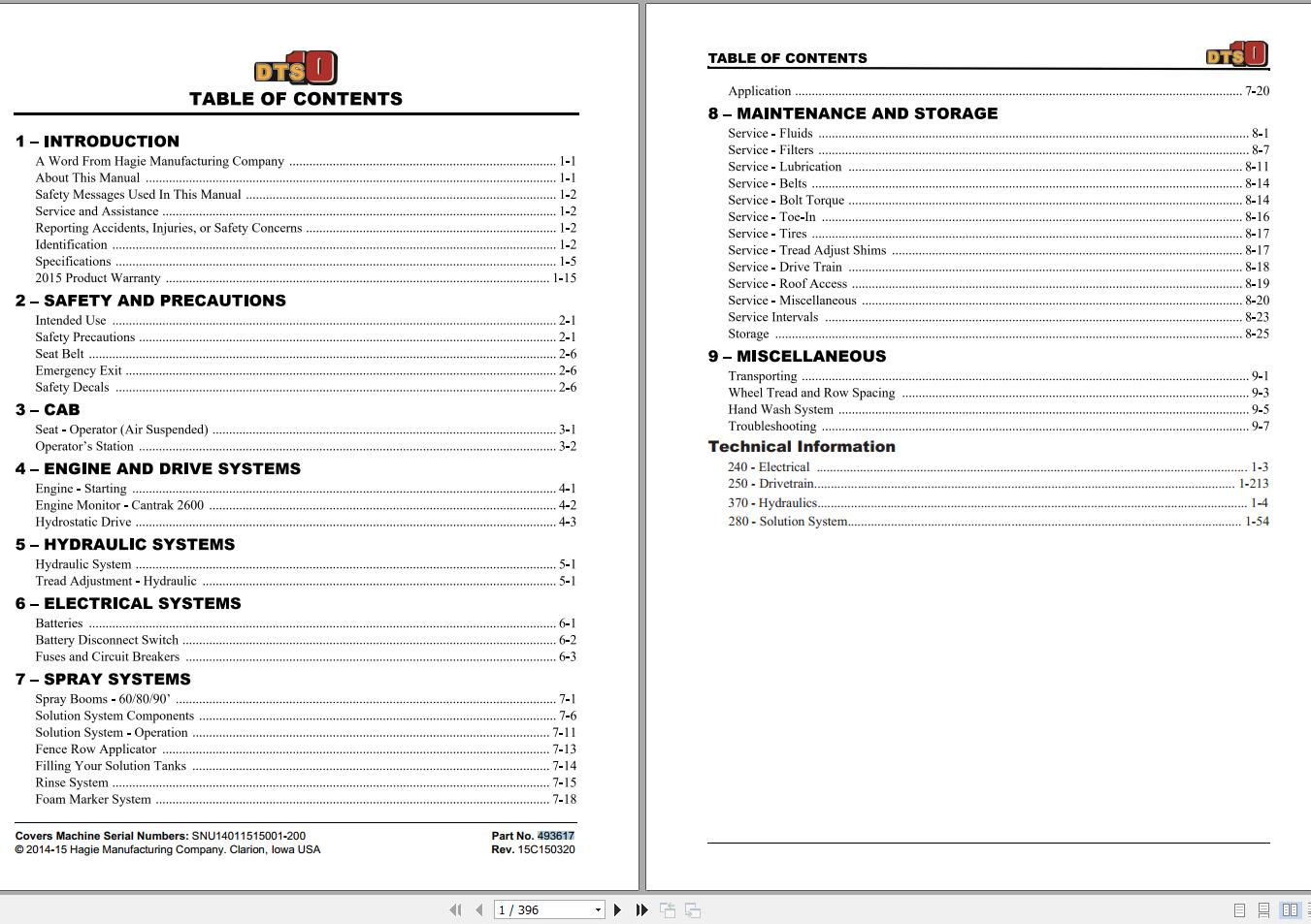 Hagie Hi Tractor DTS 10 SNU14011515001 200 Technical Manual 493617 2014 1