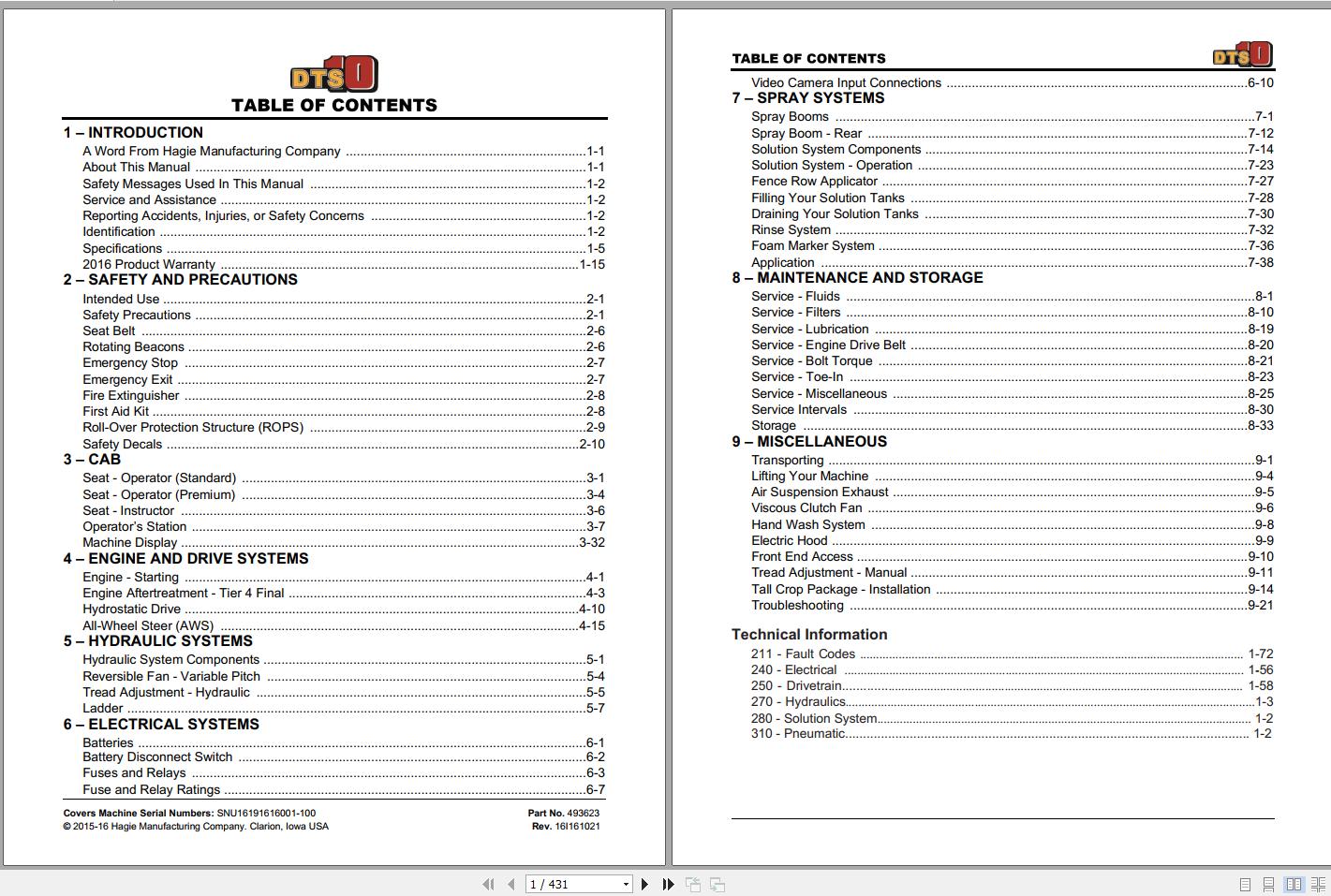 Hagie Hi Tractor DTS 10 SNU16191616001 100 Technical Manual 493623 2015 1