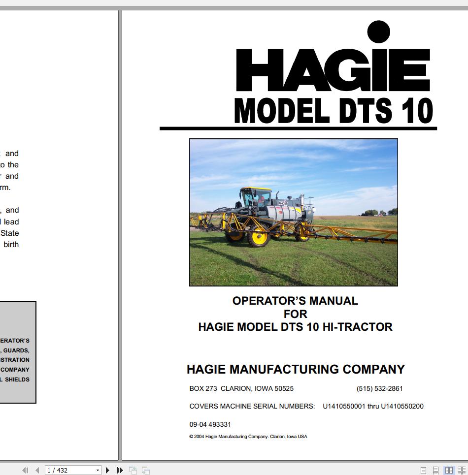 Hagie Hi Tractor DTS 10 U1410550001 thru U1410550200 Operator Manual 493331 2004 1