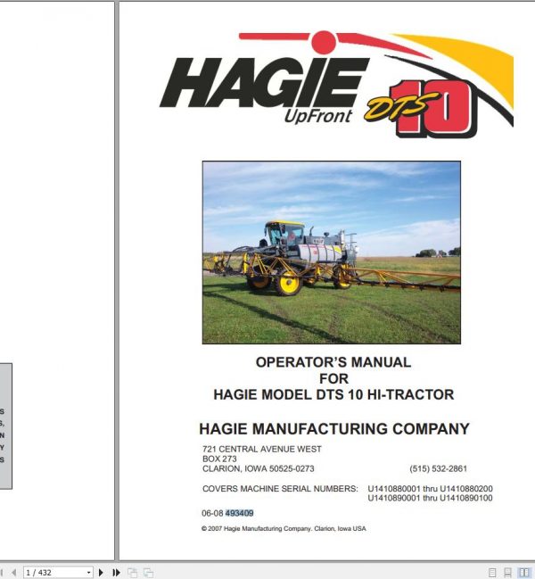Hagie Hi Tractor DTS 10 U1410880001 thru U1410880200 Operator Manual 493409 2008 1
