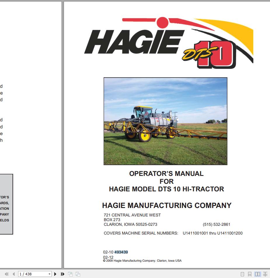Hagie Hi Tractor DTS 10 U1411001001 thru U1411001200 Operator Manual 493439 2012 1
