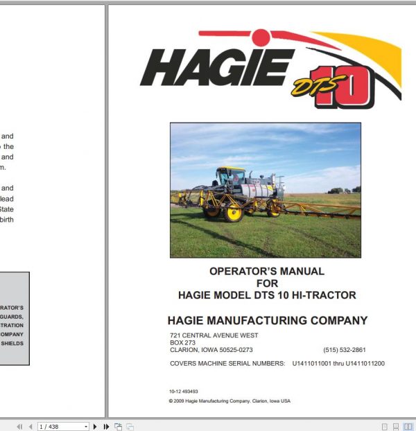 Hagie Hi Tractor DTS 10 U1411011001 thru U1411011200 Operator Manual 493493 2012 1