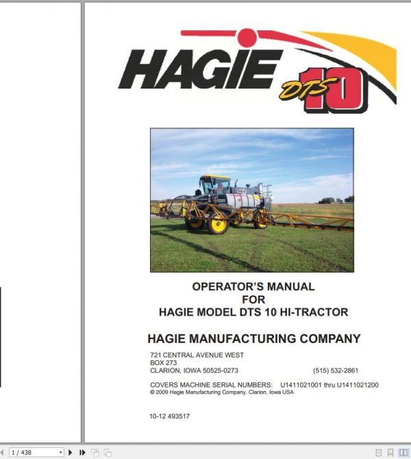 Hagie Hi Tractor DTS 10 U1411021001 thru U1411021200 Operator Manual 493517 2012 1
