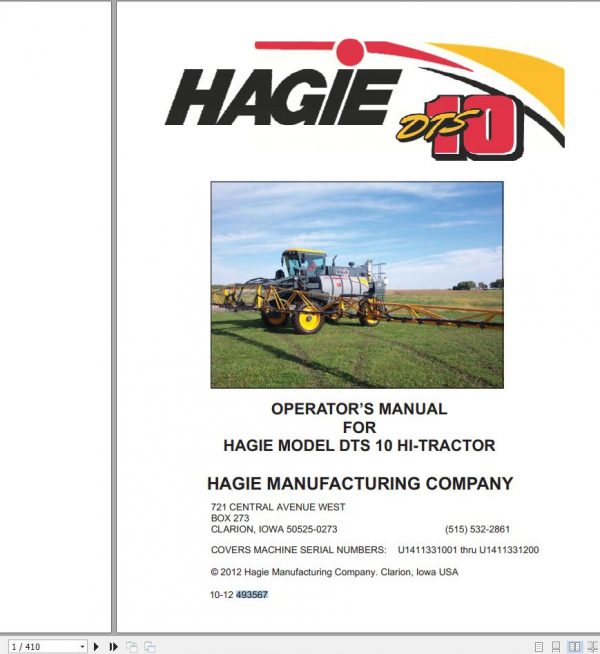 Hagie Hi Tractor DTS 10 U1411331001 thru U1411331200 Operator Manual 493567 2012 1
