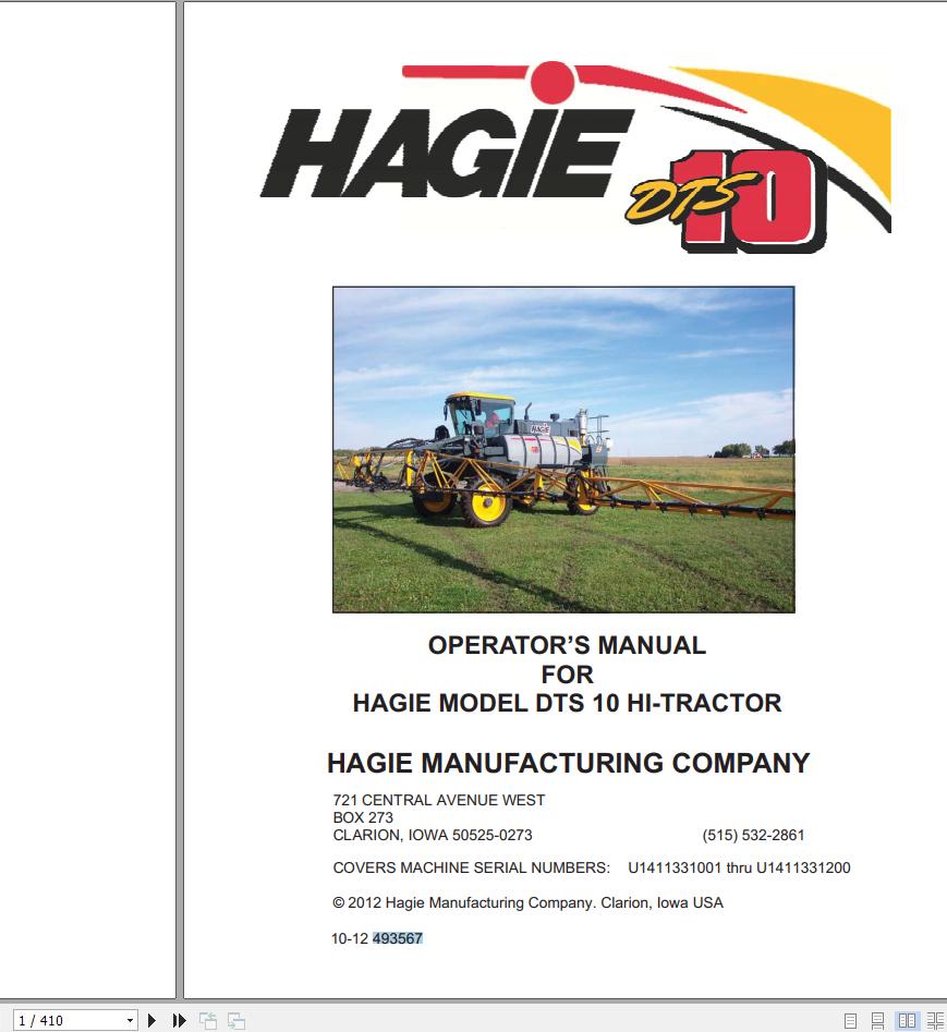 Hagie Hi Tractor DTS 10 U1411331001 thru U1411331200 Operator Manual 493567 2012 1