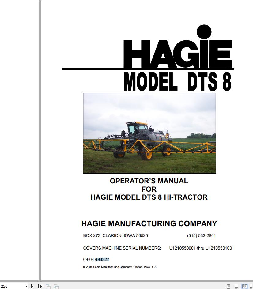 Hagie Hi Tractor DTS 8 U1210550001 thru U1210550100 Operator Manual 493327 2004 1