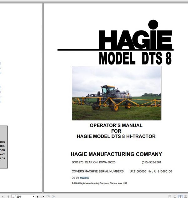 Hagie Hi Tractor DTS 8 U1210660001 thru U1210660100 Operator Manual 493349 2005 1
