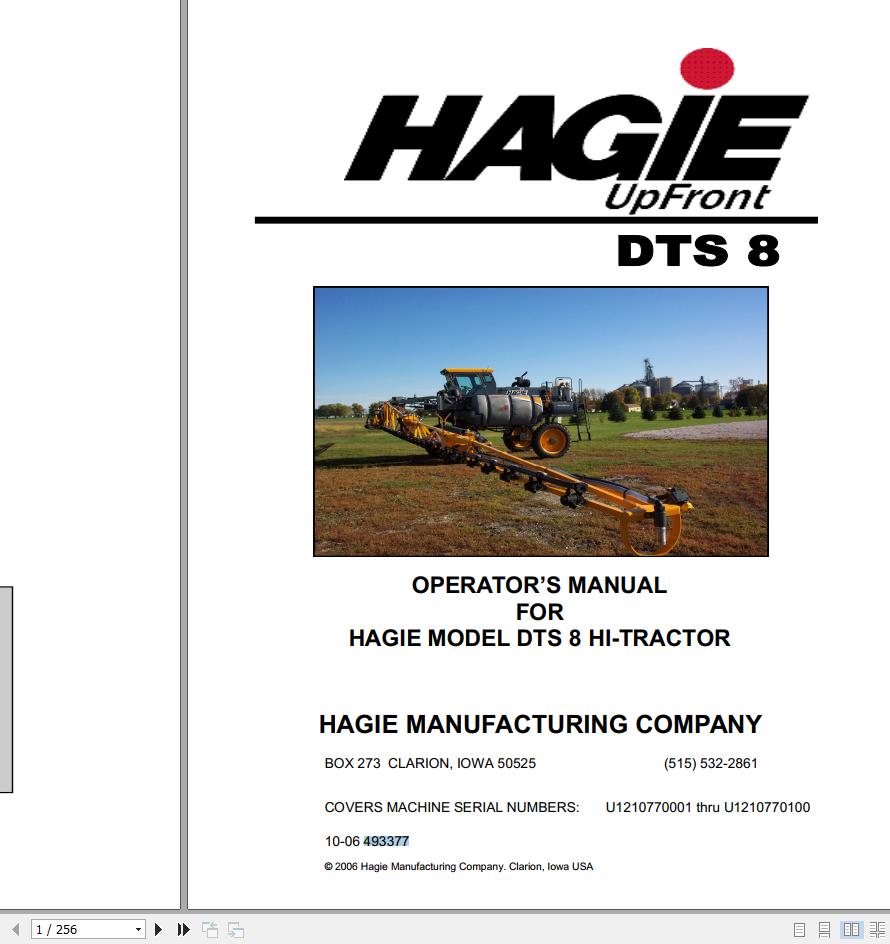 Hagie Hi Tractor DTS 8 U1210770001 thru U1210770100 Operator Manual 493377 2006 1