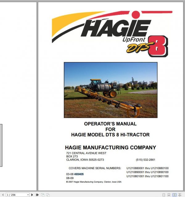 Hagie Hi Tractor DTS 8 U1210880001 thru U1210880100 Operator Manual 493405 2009 1