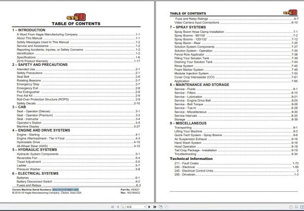 Hagie Hi Tractor STS 10 SNU16101616001 200 Technical Manual 493627 2016 1