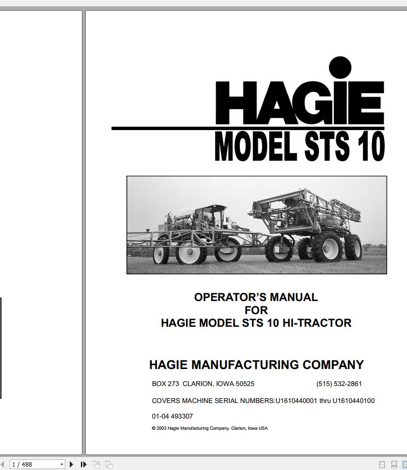 Hagie Hi Tractor STS 10 U1610440001 thru U1610440100 Operator Manual 493307 2004 1