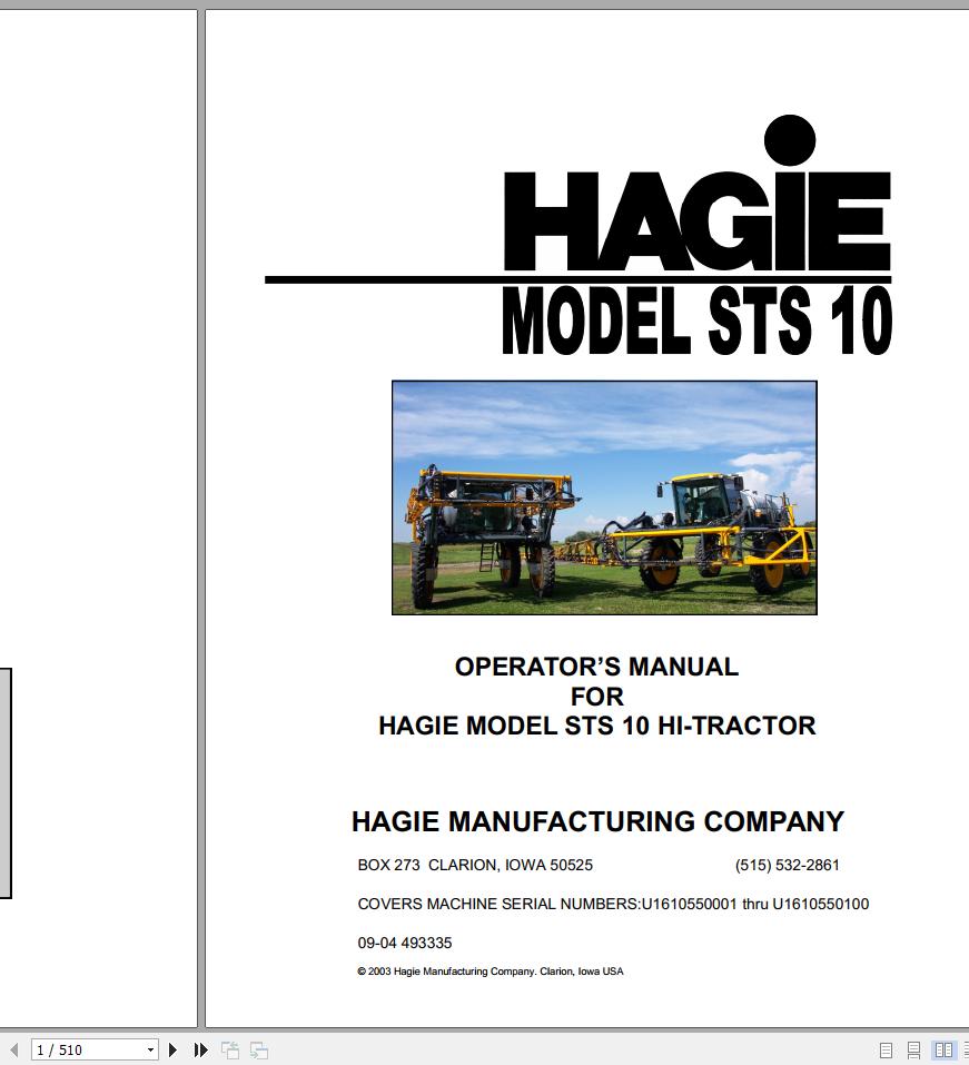 Hagie Hi Tractor STS 10 U1610550001 thru U1610550100 Operator Manual 493335 2004 1
