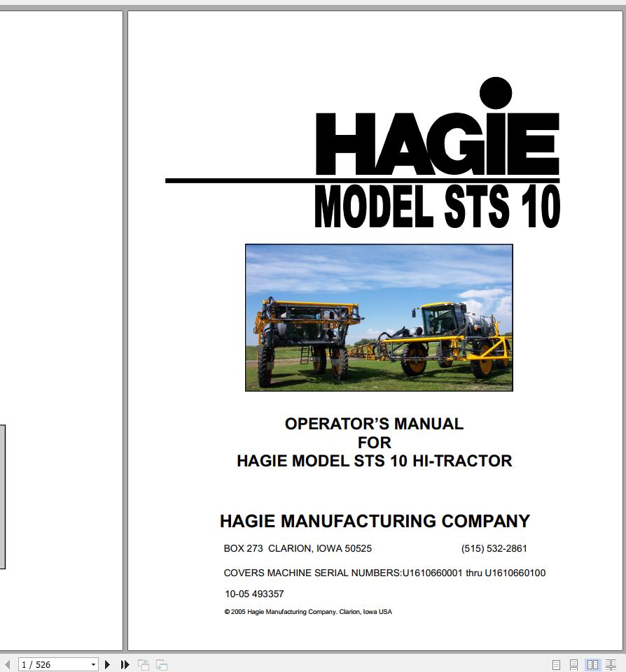 Hagie Hi Tractor STS 10 U1610660001 thru U1610660100 Operator Manual 2005 493357 1