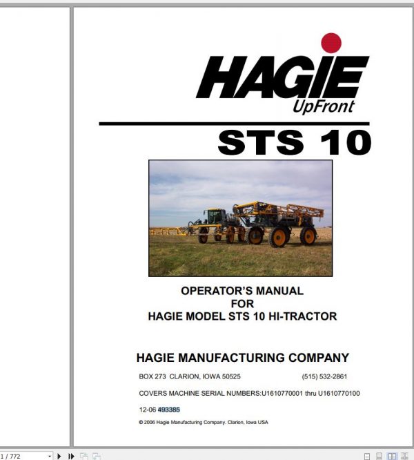 Hagie Hi Tractor STS 10 U1610770001 thru U1610770100 Operator Manual 493385 2006 1