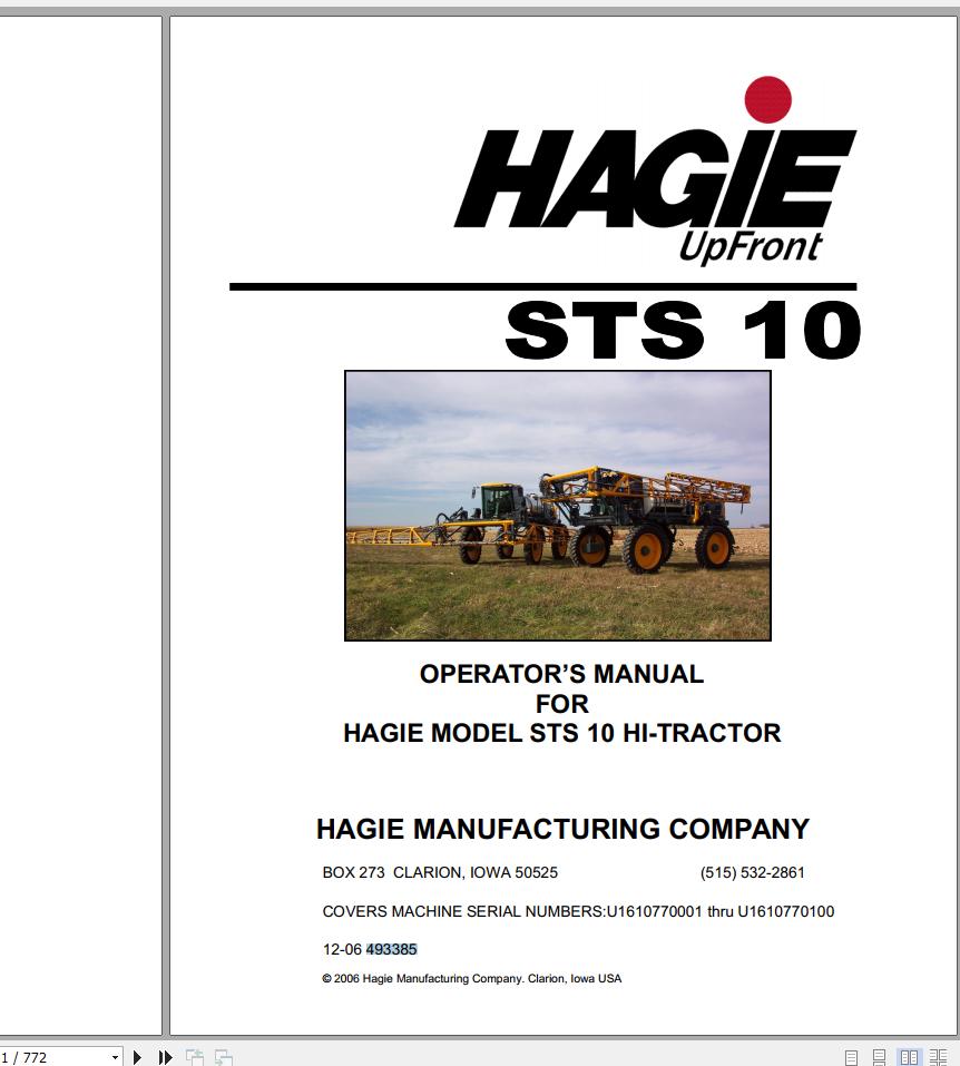 Hagie Hi Tractor STS 10 U1610770001 thru U1610770100 Operator Manual 493385 2006 1