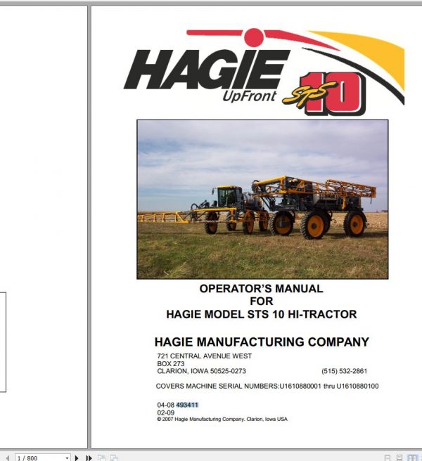 Hagie Hi Tractor STS 10 U1610880001 thru U1610880100 Operator Manual 493411 2009 1