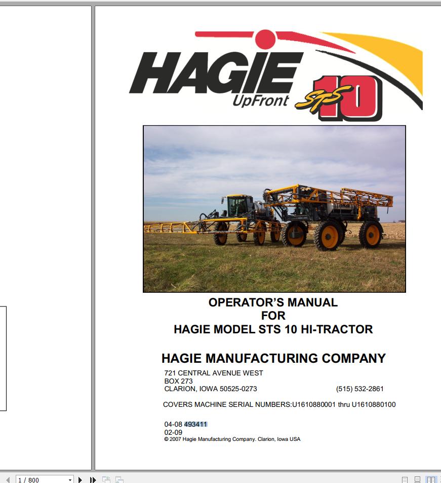Hagie Hi Tractor STS 10 U1610880001 thru U1610880100 Operator Manual 493411 2009 1