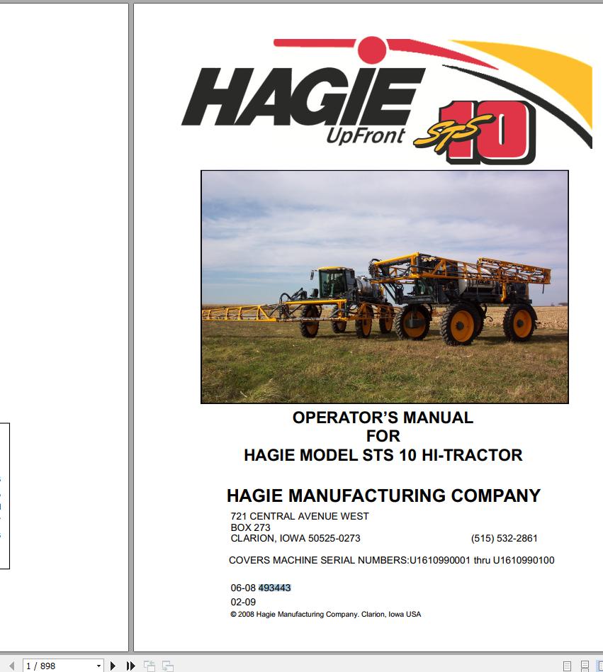 Hagie Hi Tractor STS 10 U1610990001 thru U1610990100 Operator Manual 493443 2008 1
