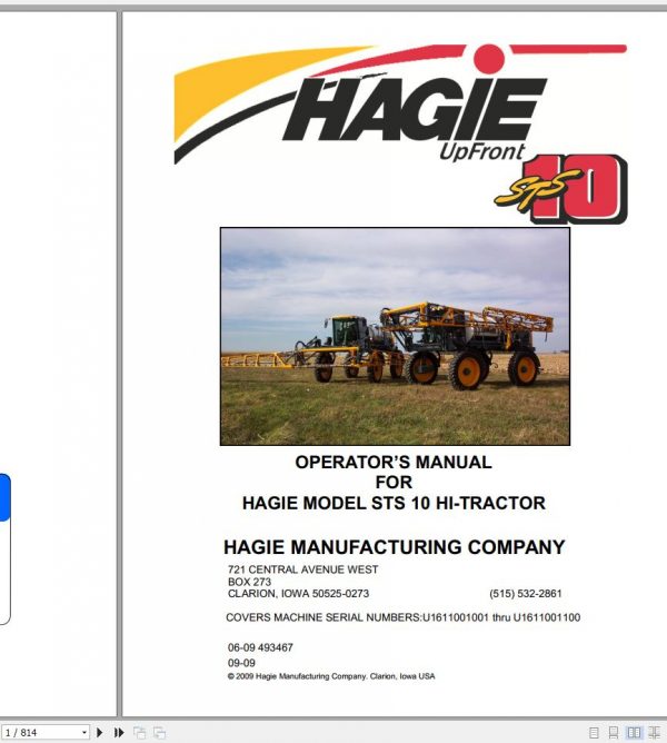 Hagie Hi Tractor STS 10 U1611001001 thru U1611001100 Operator Manual 493467 2009 1