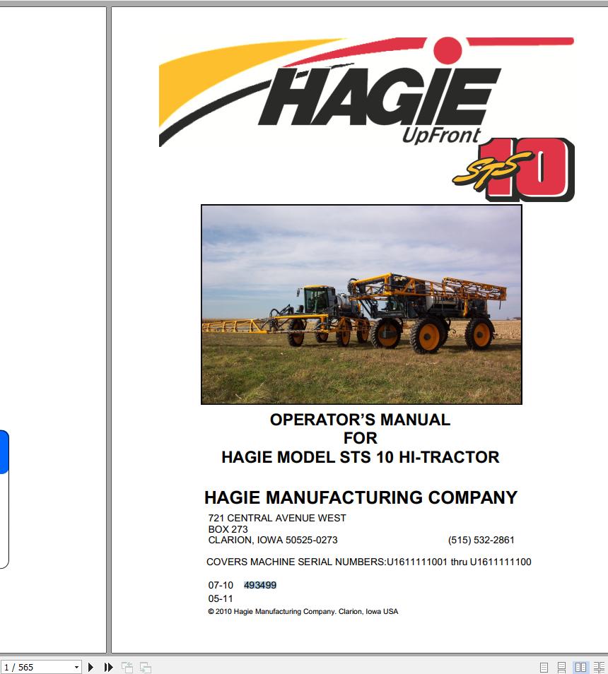 Hagie Hi Tractor STS 10 U1611111001 thru U1611111100 Operator Manual 493499 2011 1