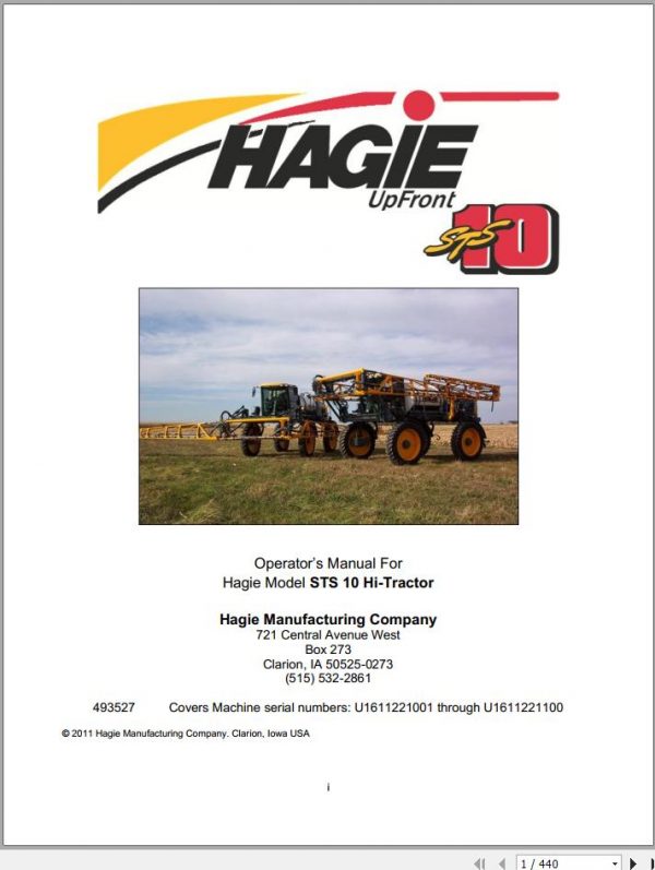 Hagie Hi Tractor STS 10 U1611221001 through U1611221100 Operator Manual 493527 2011 1