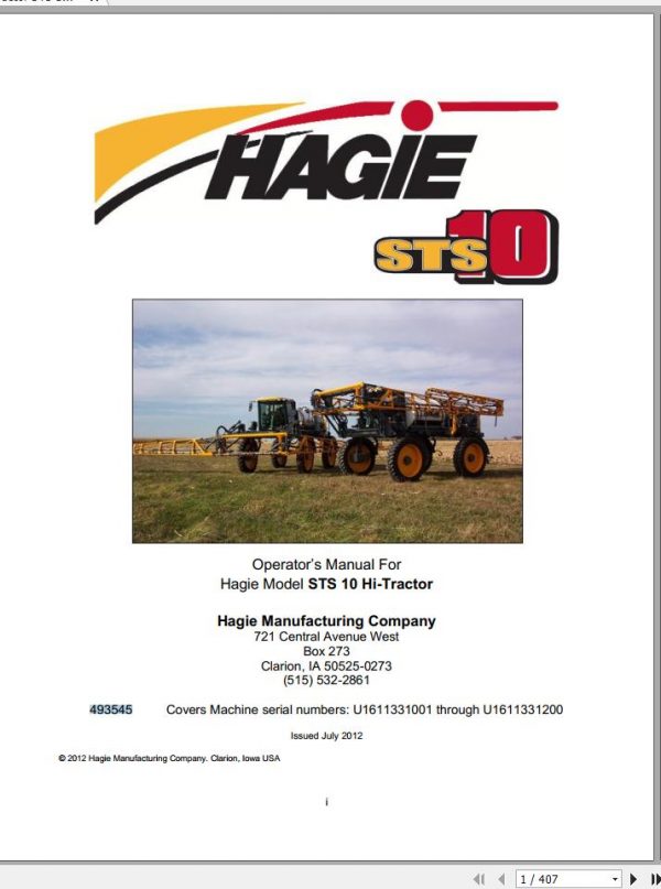 Hagie Hi Tractor STS 10 U1611331001 through U1611331200 Operator Manual 493545 2012 1