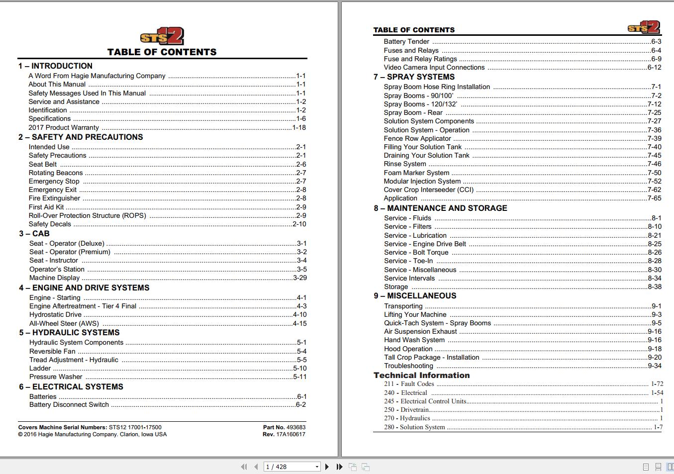 Hagie Hi Tractor STS 12 17001 17500 Technical Manual 493683 2016 1