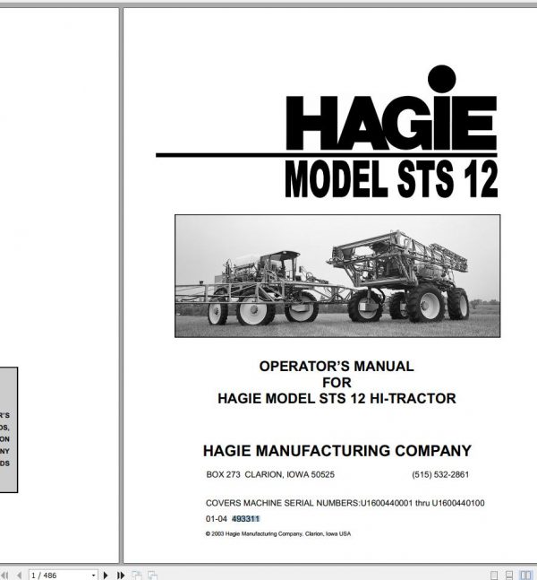 Hagie Hi Tractor STS 12 U1600440001 thru U1600440100 Operator Manual 493311 2004 1
