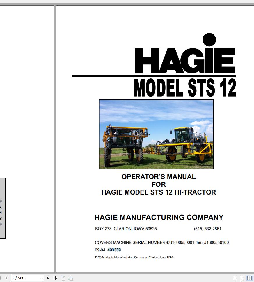 Hagie Hi Tractor STS 12 U1600550001 thru U1600550100 Operator Manual 493339 2004 1