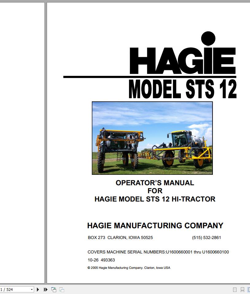 Hagie Hi Tractor STS 12 U1600660001 thru U1600660100 Operator Manual 493363 2005 1