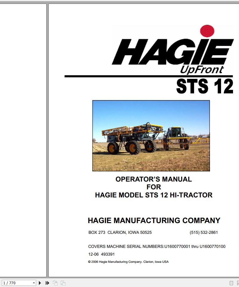 Hagie Hi Tractor STS 12 U1600770001 thru U1600770100 Operator Manual 493391 2006 1