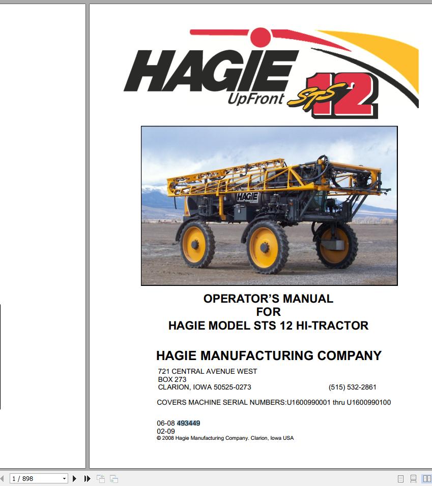 Hagie Hi Tractor STS 12 U1600990001 thru U1600990100 Operator Manual 493449 2008 1