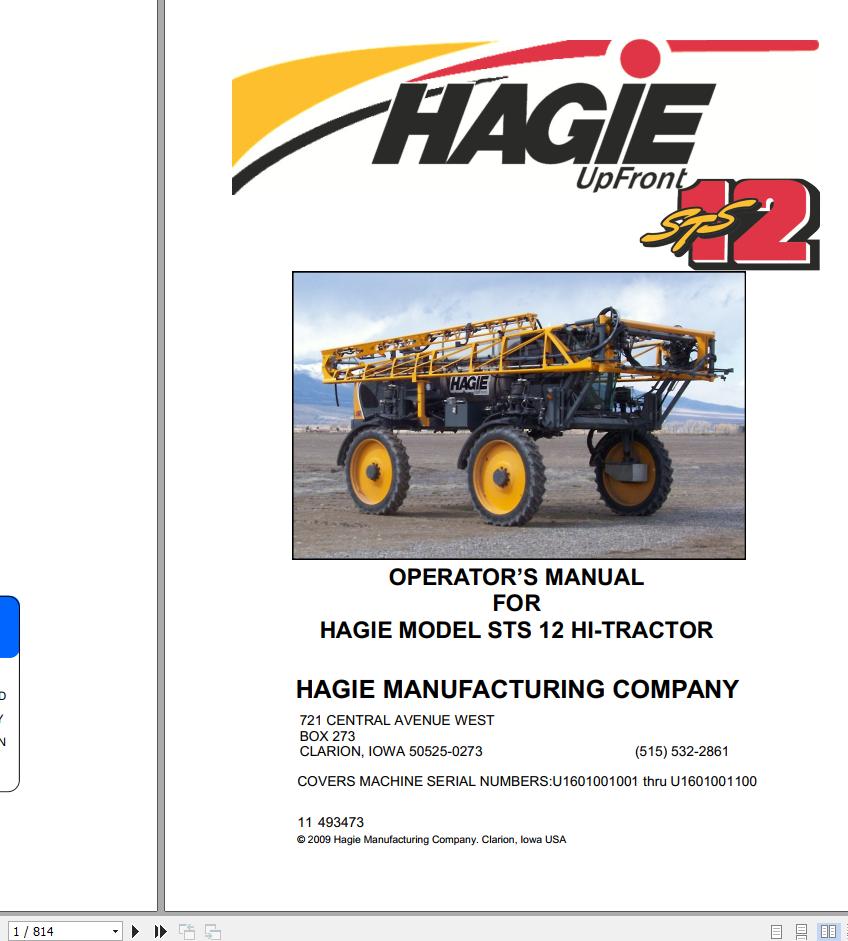 Hagie Hi Tractor STS 12 U1601001001 thru U1601001100 Operator Manual 493473 2009 1