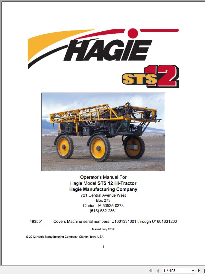 Hagie Hi Tractor STS 12 U1601331001 through U1601331200 Operator Manual 493551 2012 1