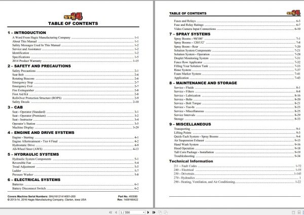 Hagie Hi Tractor STS 14 SNU16121414001 200 Technical Manual 493580 2016 1