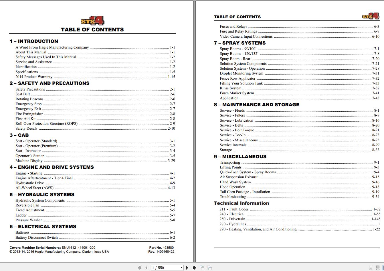 Hagie Hi Tractor STS 14 SNU16121414001 200 Technical Manual 493580 2016 1