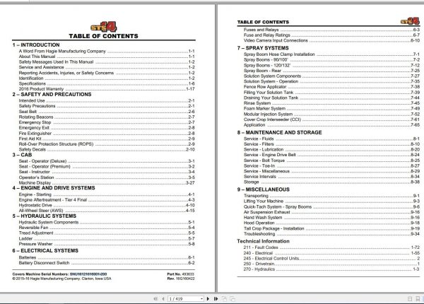 Hagie Hi Tractor STS 14 SNU16121616001 200 Technical Manual 493633 2016 1