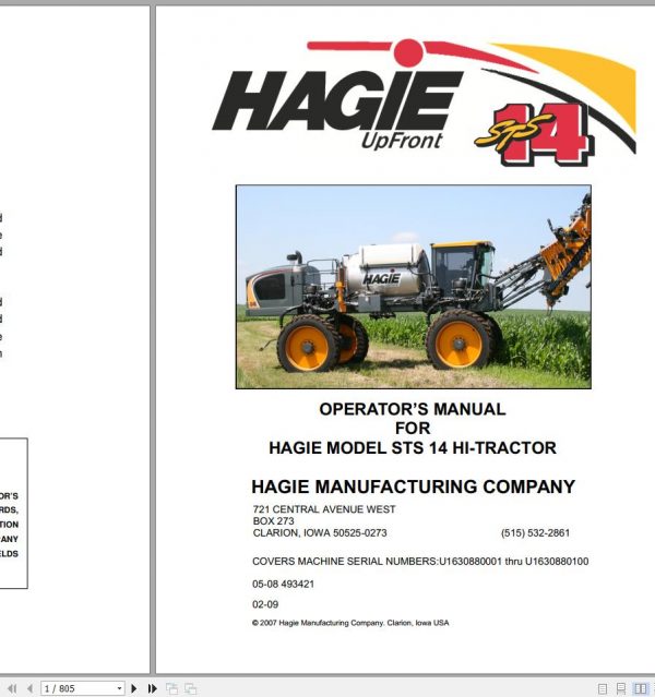 Hagie Hi Tractor STS 14 U1630880001 thru U1630880100 Operator Manual 493421 2007 1