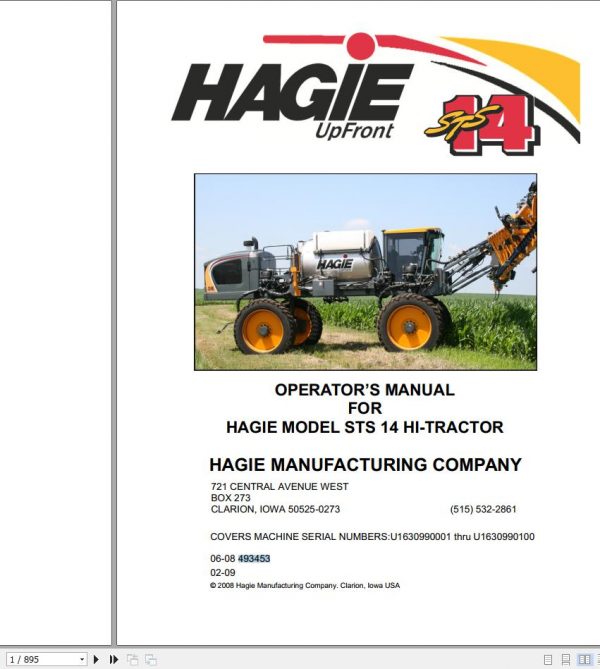 Hagie Hi Tractor STS 14 U1630990001 thru U1630990100 Operator Manual 493453 2008 1