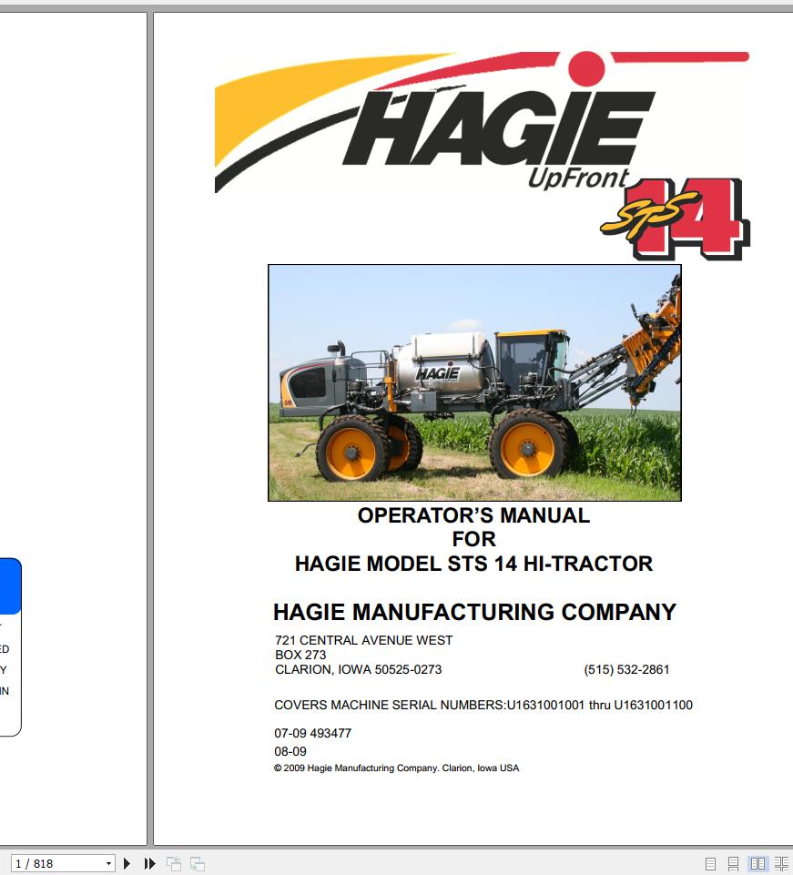 Hagie Hi Tractor STS 14 U1631001001 thru U1631001100 Operator Manual 493477 2009 1