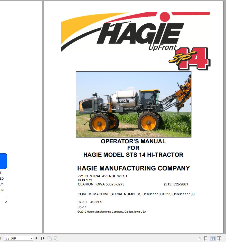 Hagie Hi Tractor STS 14 U1631111001 thru U1631111100 Operator Manual 493509 2010 1