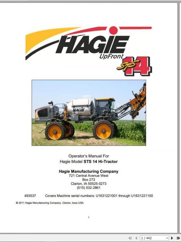 Hagie Hi Tractor STS 14 U1631221001 through U1631221100 Operator Manual 493537 2011 1